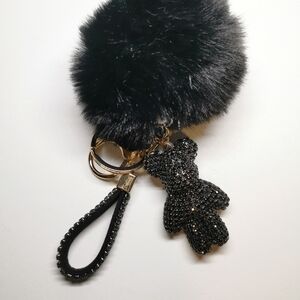 Elegant Black Pom Pom Keychain with Bear Charm